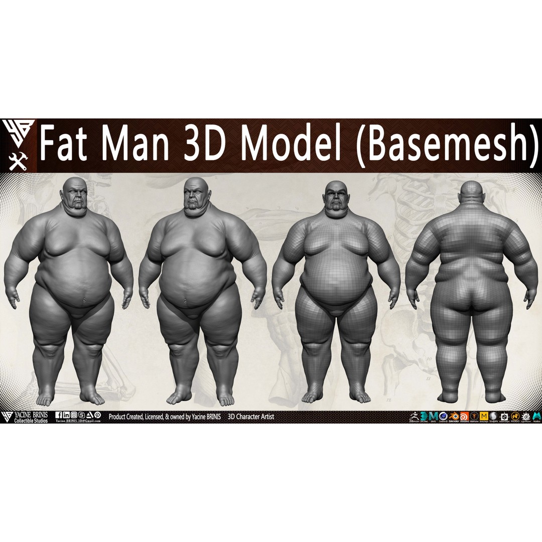 Fat Man 3D Model – Low Poly BaseMesh for Games, FBX, OBJ - View 24