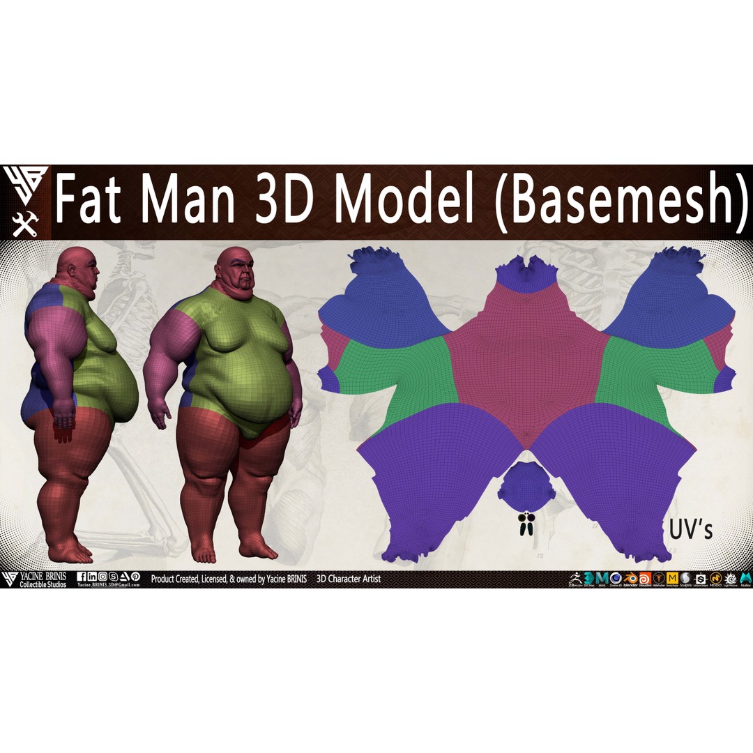 Fat Man 3D Model – Low Poly BaseMesh for Games, FBX, OBJ - View 25