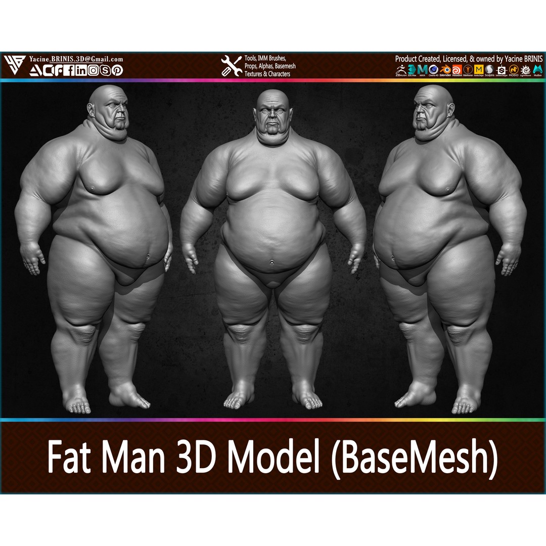 Fat Man 3D Model – Low Poly BaseMesh for Games, FBX, OBJ - View 27