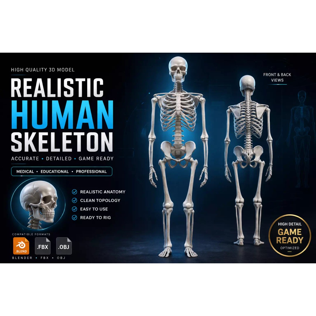 Realistic Human Skeleton 3D Model – Accurate Anatomy Asset, Blender, FBX, OBJ - View 3