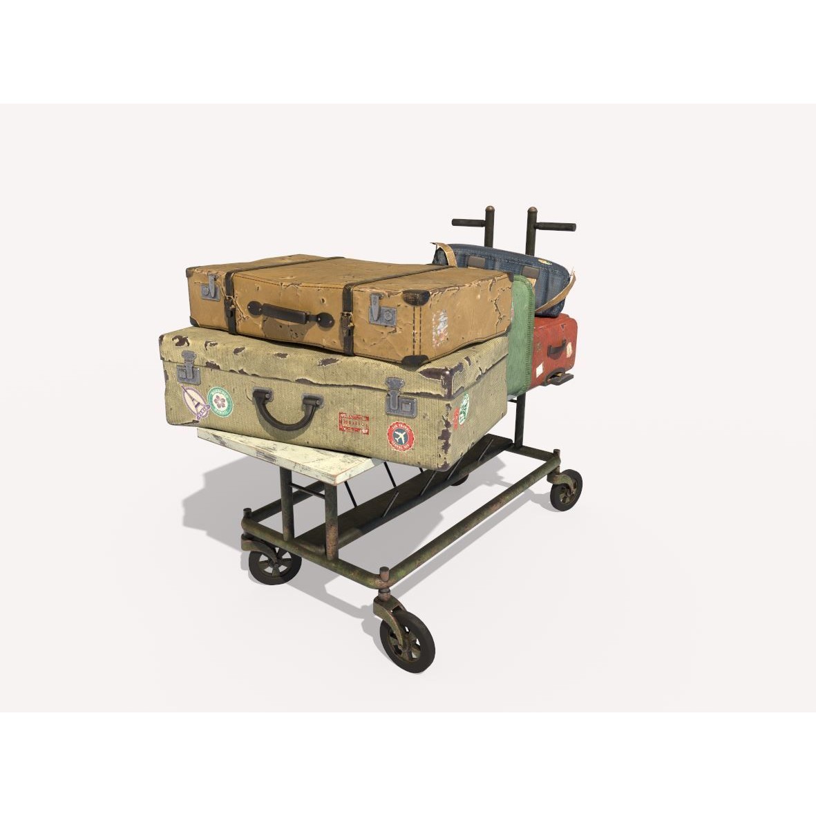 Old Luggage Trolley And Suitcases - Game-Ready 3D Model - View 3