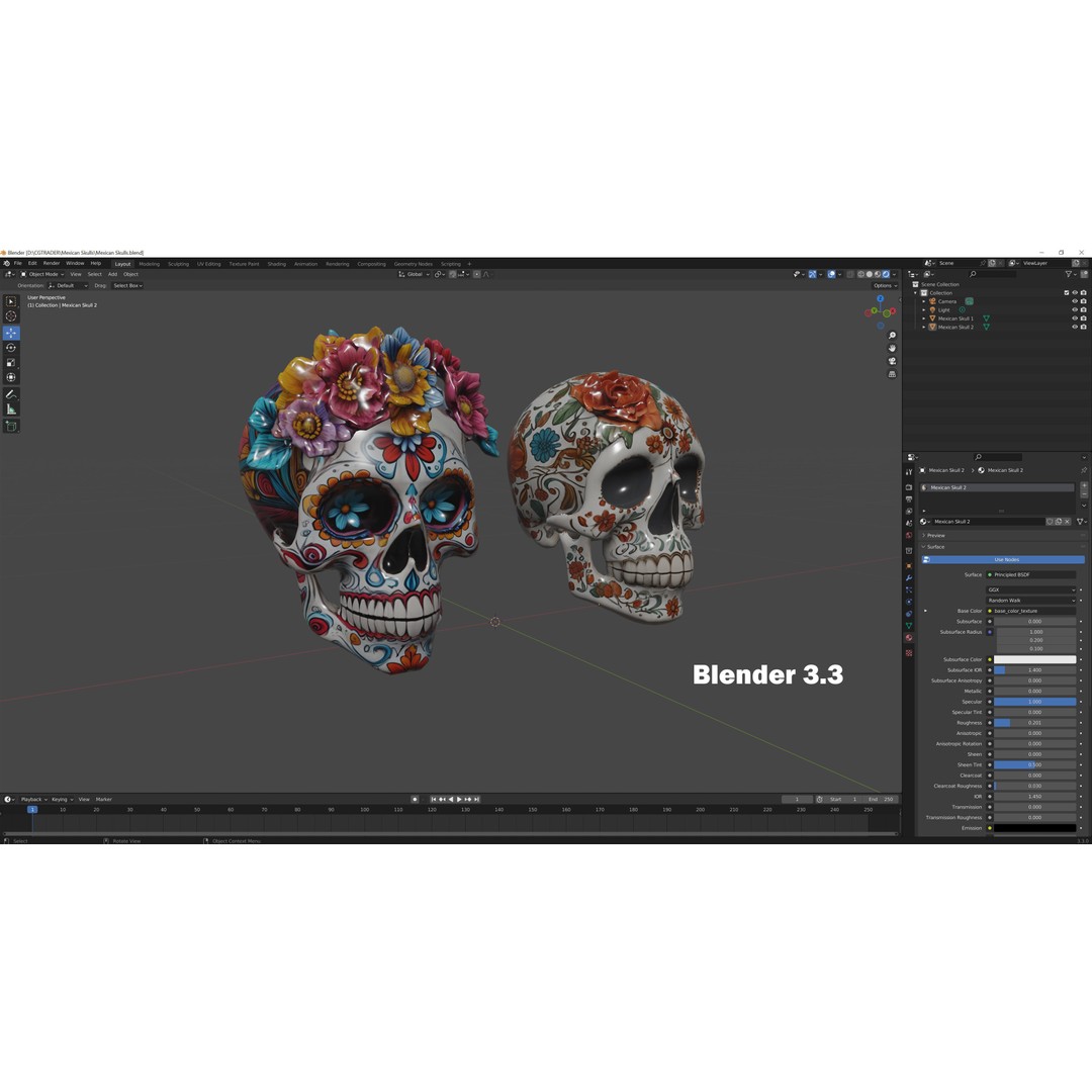 Mexican Skulls 3D Model – Low Poly Halloween Character, FBX, OBJ