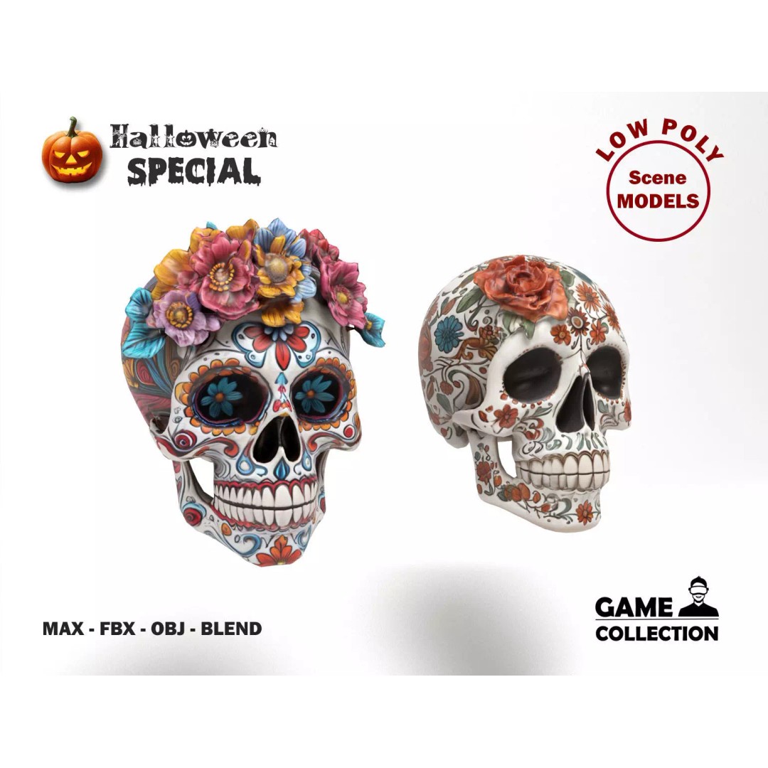Mexican Skulls 3D Model – Low Poly Halloween Character, FBX, OBJ - View 2