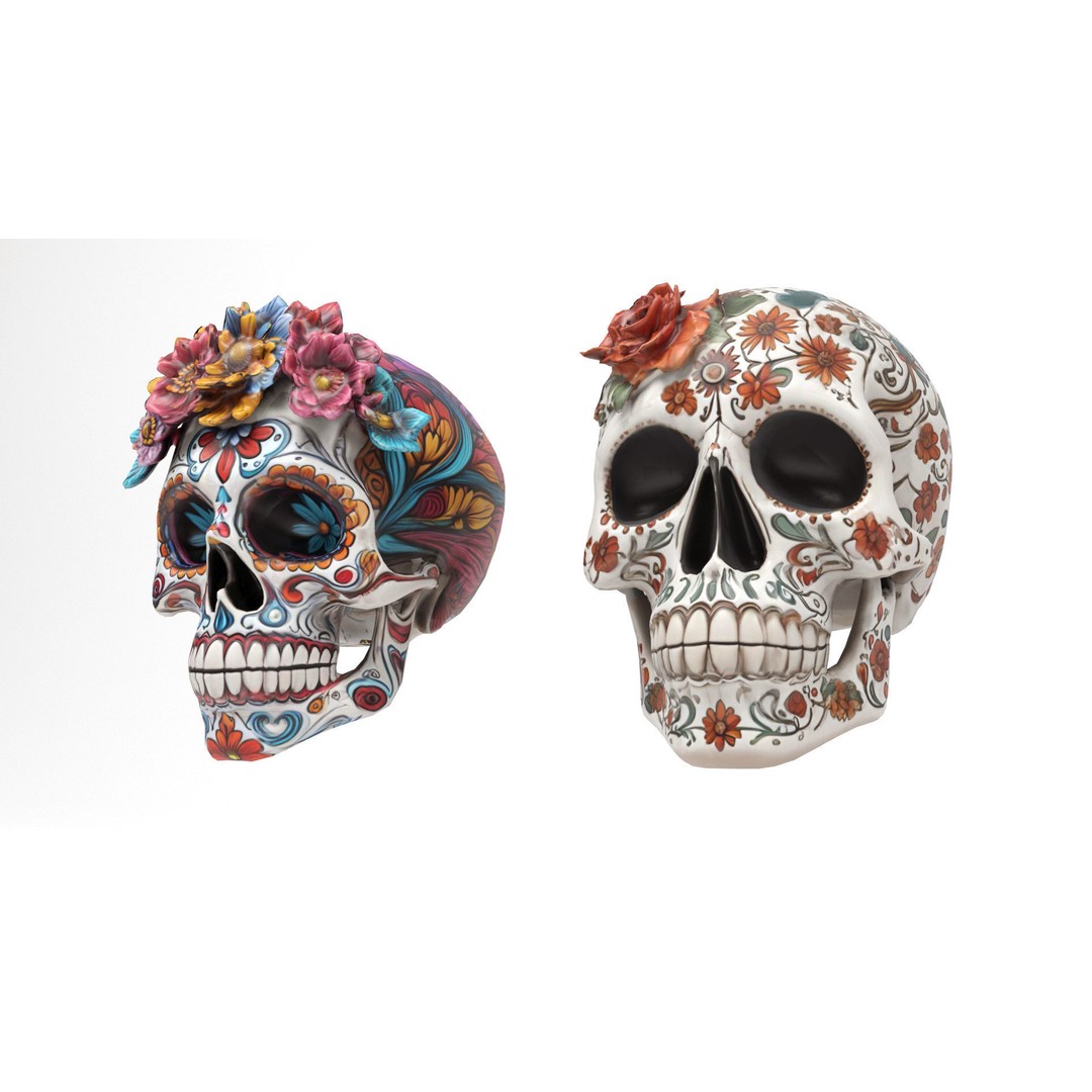 Mexican Skulls 3D Model – Low Poly Halloween Character, FBX, OBJ - View 3