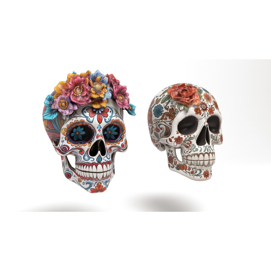 Mexican Skulls 3D Model – Low Poly Halloween Character, FBX, OBJ - View 4