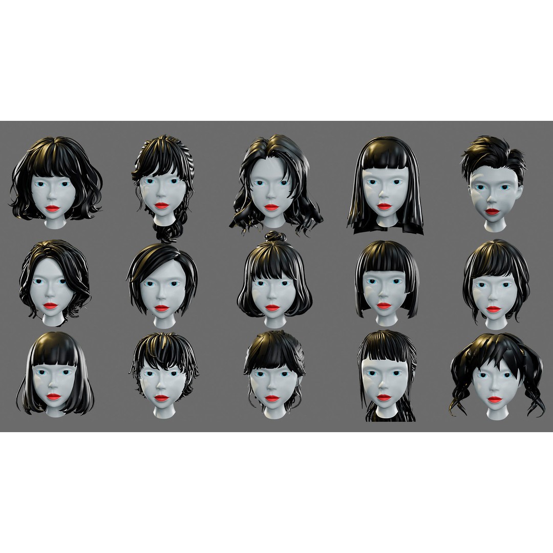 Cartoon Woman Hairstyles 3D Model – Low Poly Character Asset, FBX