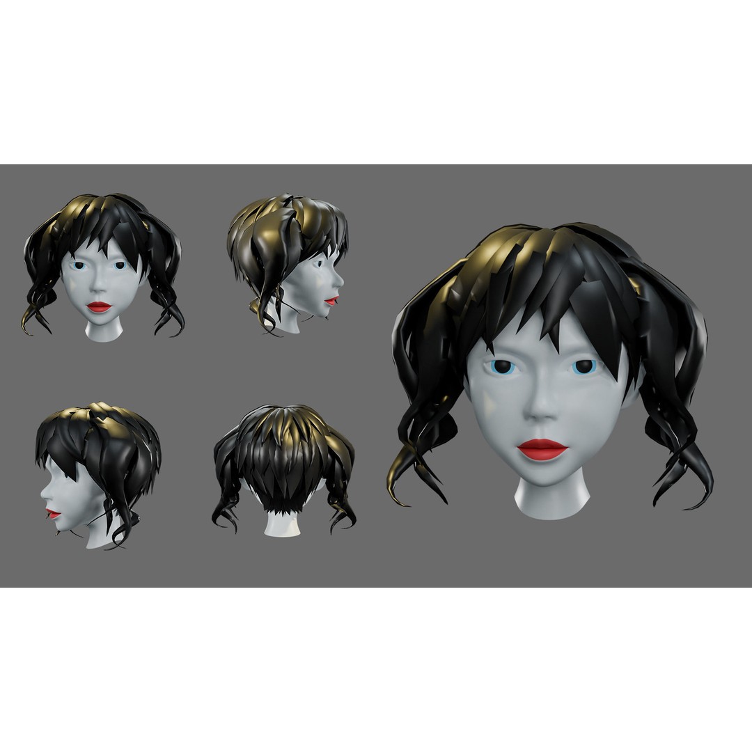 Cartoon Woman Hairstyles 3D Model – Low Poly Character Asset, FBX - View 12