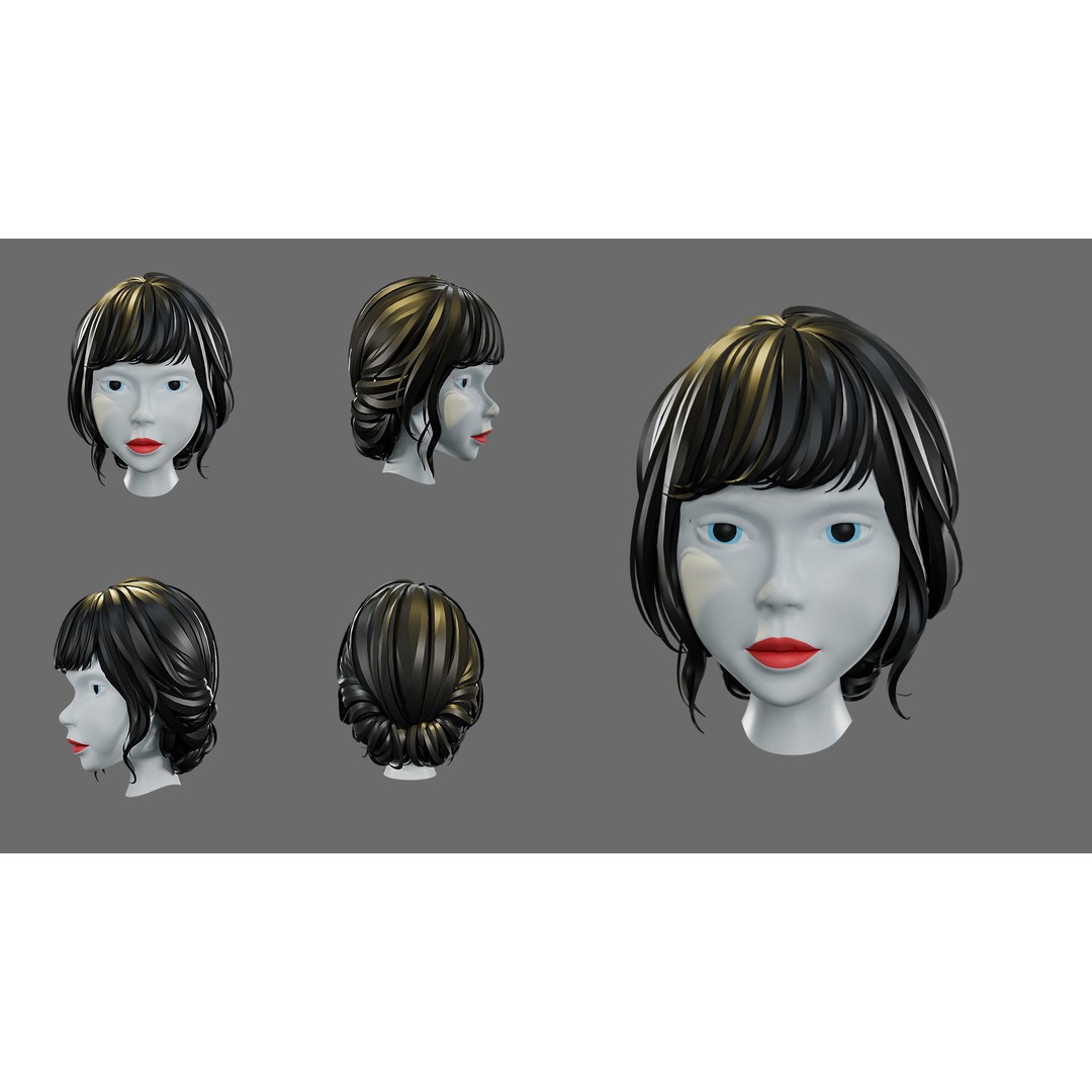 Cartoon Woman Hairstyles 3D Model – Low Poly Character Asset, FBX - View 13
