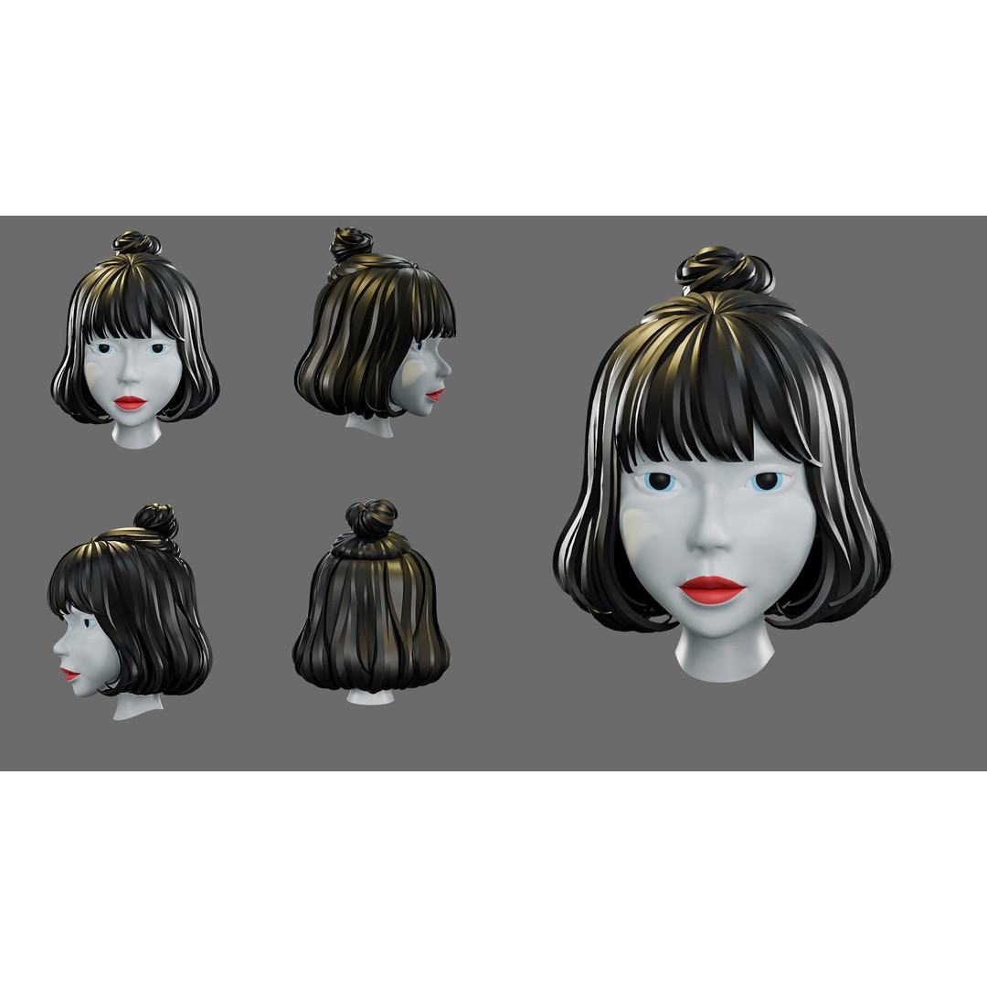 Cartoon Woman Hairstyles 3D Model – Low Poly Character Asset, FBX - View 15