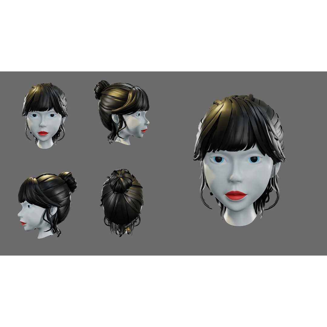 Cartoon Woman Hairstyles 3D Model – Low Poly Character Asset, FBX - View 16