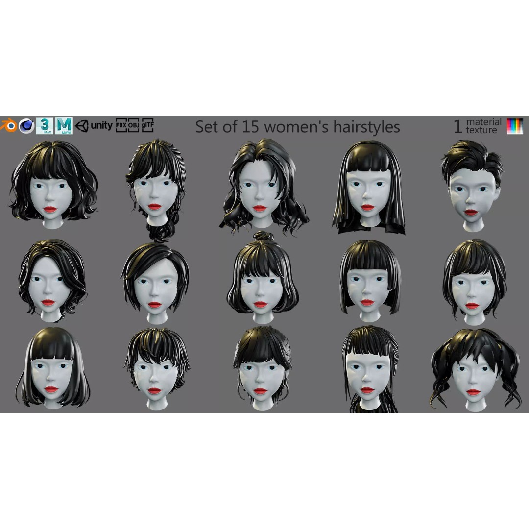 Cartoon Woman Hairstyles 3D Model – Low Poly Character Asset, FBX - View 2