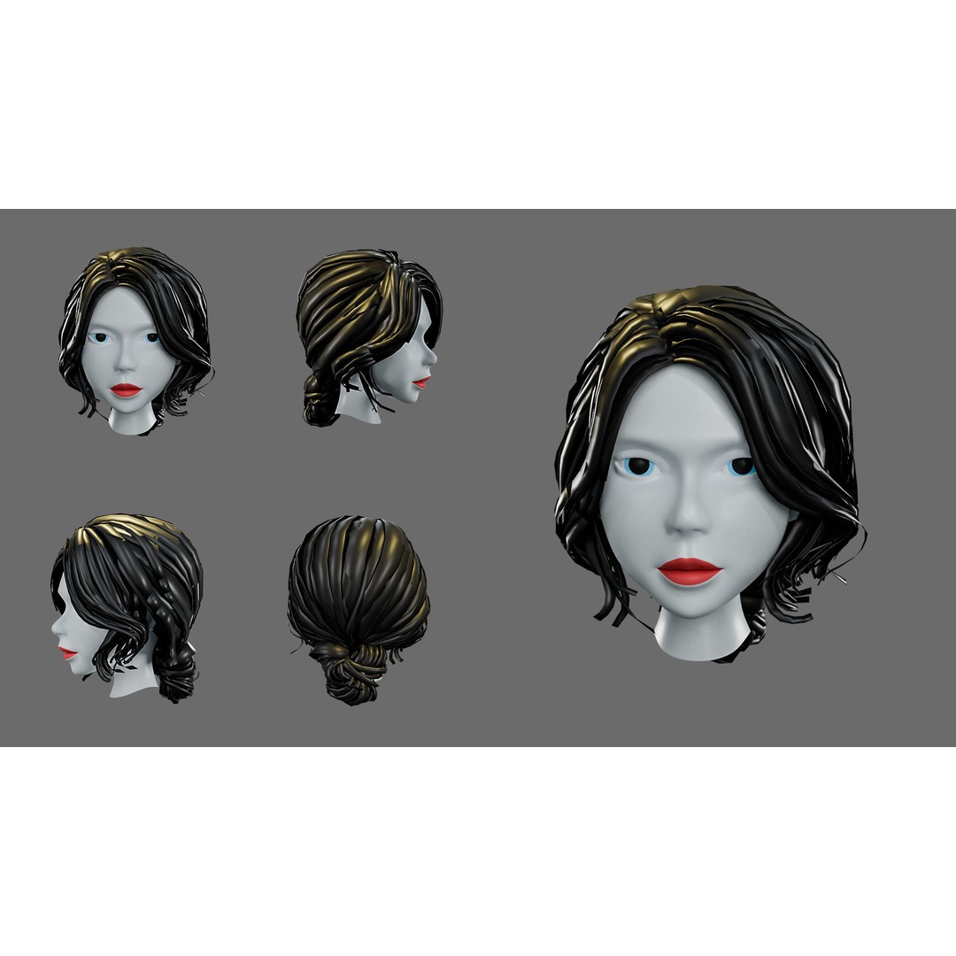 Cartoon Woman Hairstyles 3D Model – Low Poly Character Asset, FBX - View 4