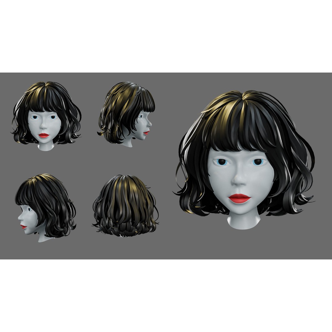 Cartoon Woman Hairstyles 3D Model – Low Poly Character Asset, FBX - View 7