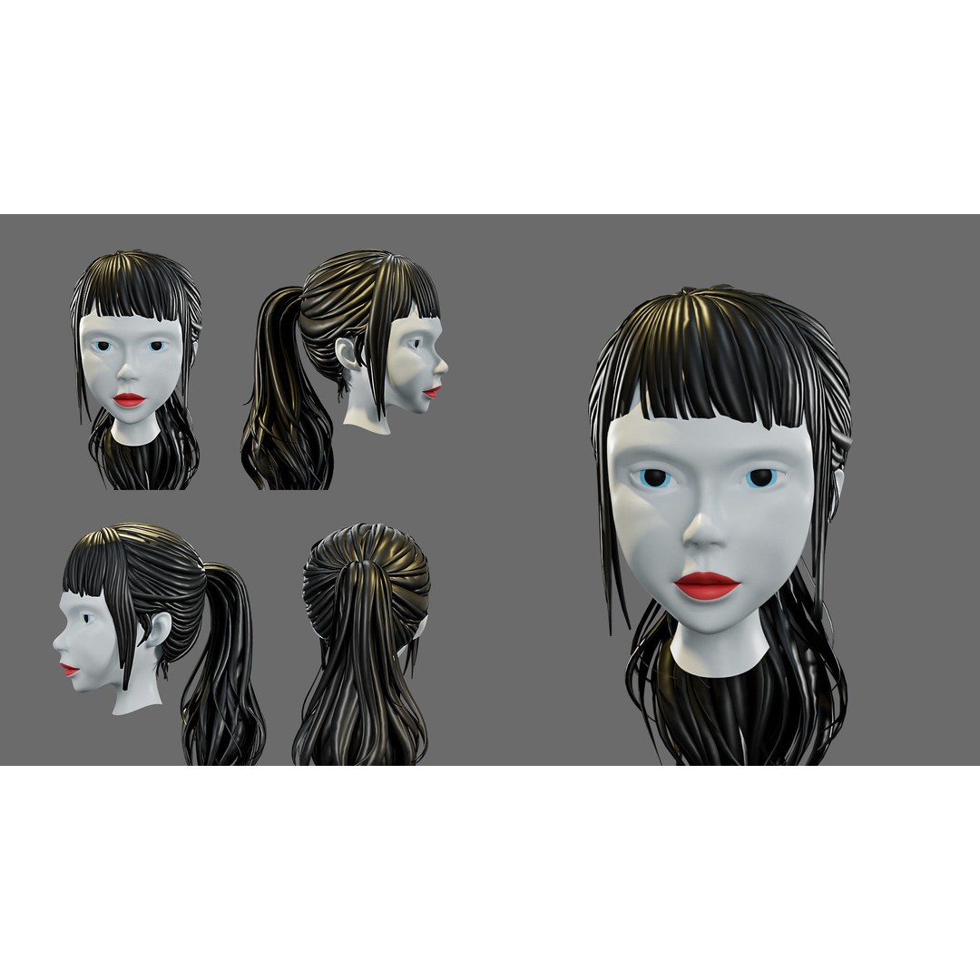 Cartoon Woman Hairstyles 3D Model – Low Poly Character Asset, FBX - View 8