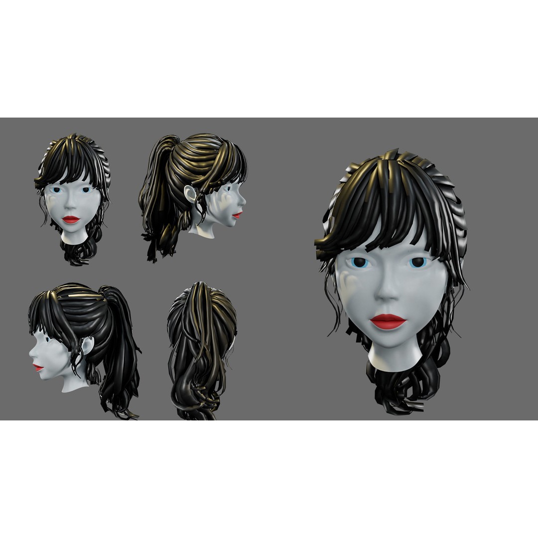 Cartoon Woman Hairstyles 3D Model – Low Poly Character Asset, FBX - View 9