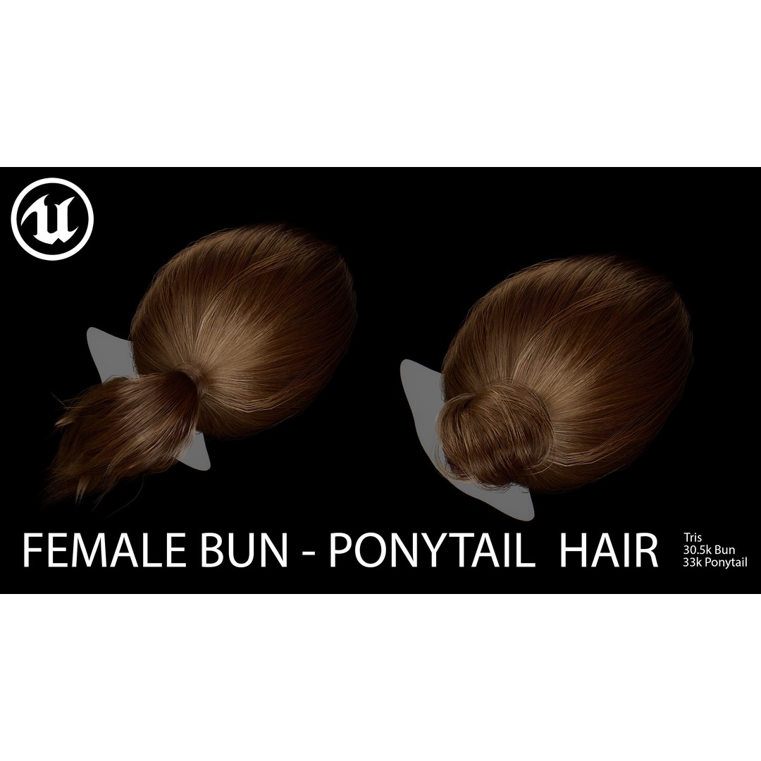 Female Bun-Ponytail 3D Model – Low Poly Real-Time Hair, FBX & OBJ - View 10