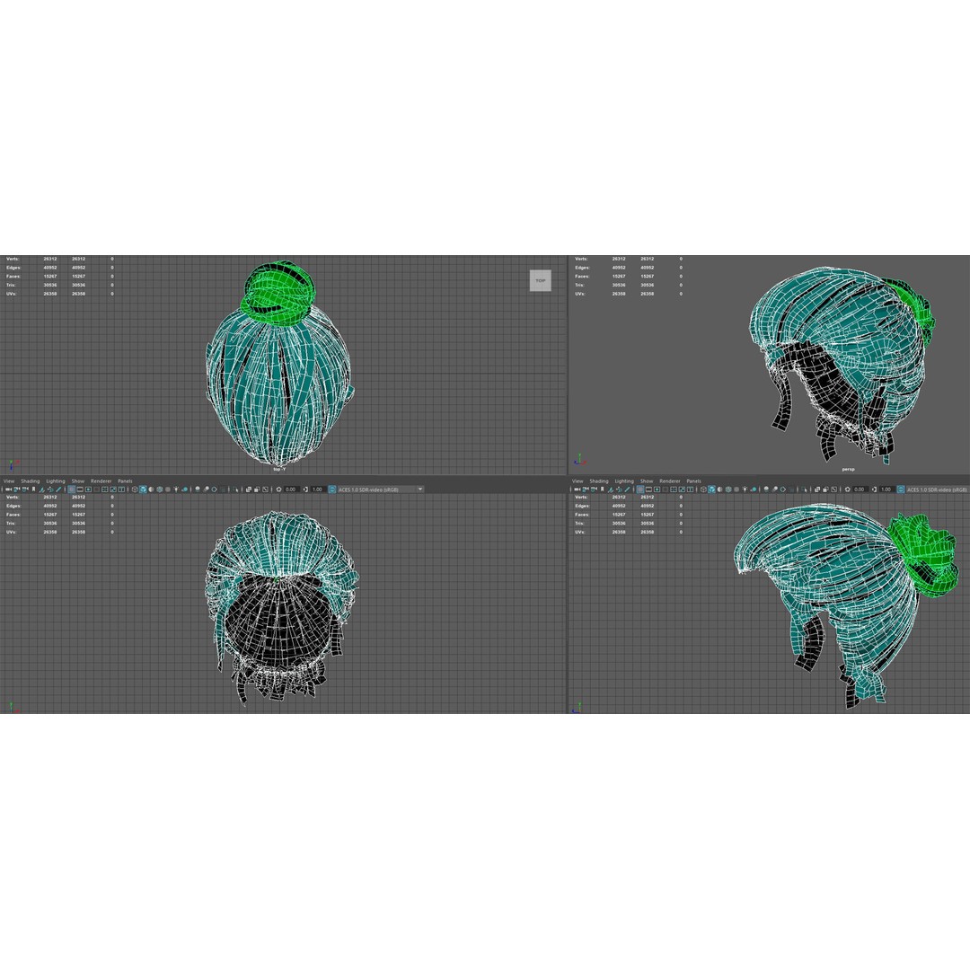 Female Bun-Ponytail 3D Model – Low Poly Real-Time Hair, FBX & OBJ - View 12