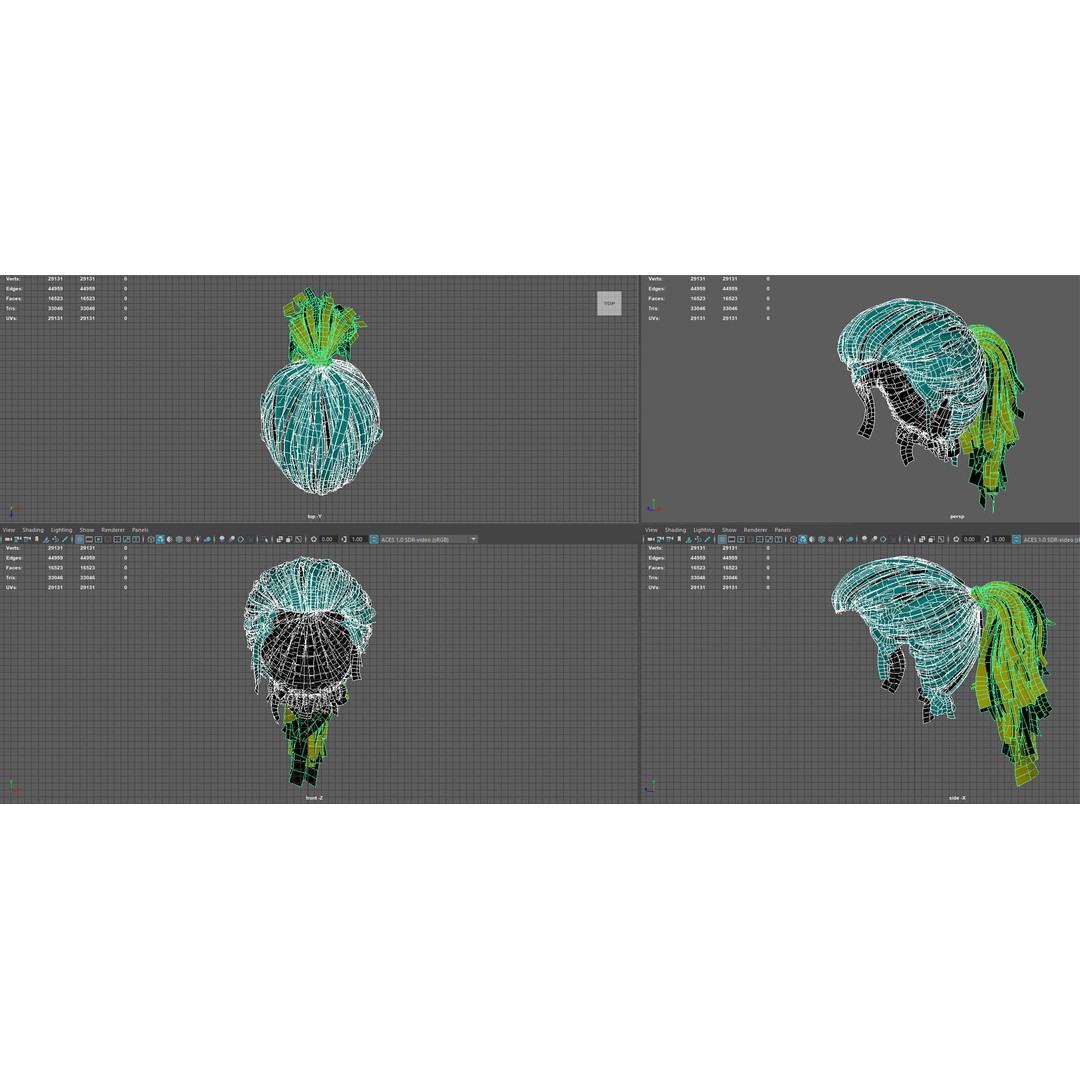 Female Bun-Ponytail 3D Model – Low Poly Real-Time Hair, FBX & OBJ - View 13