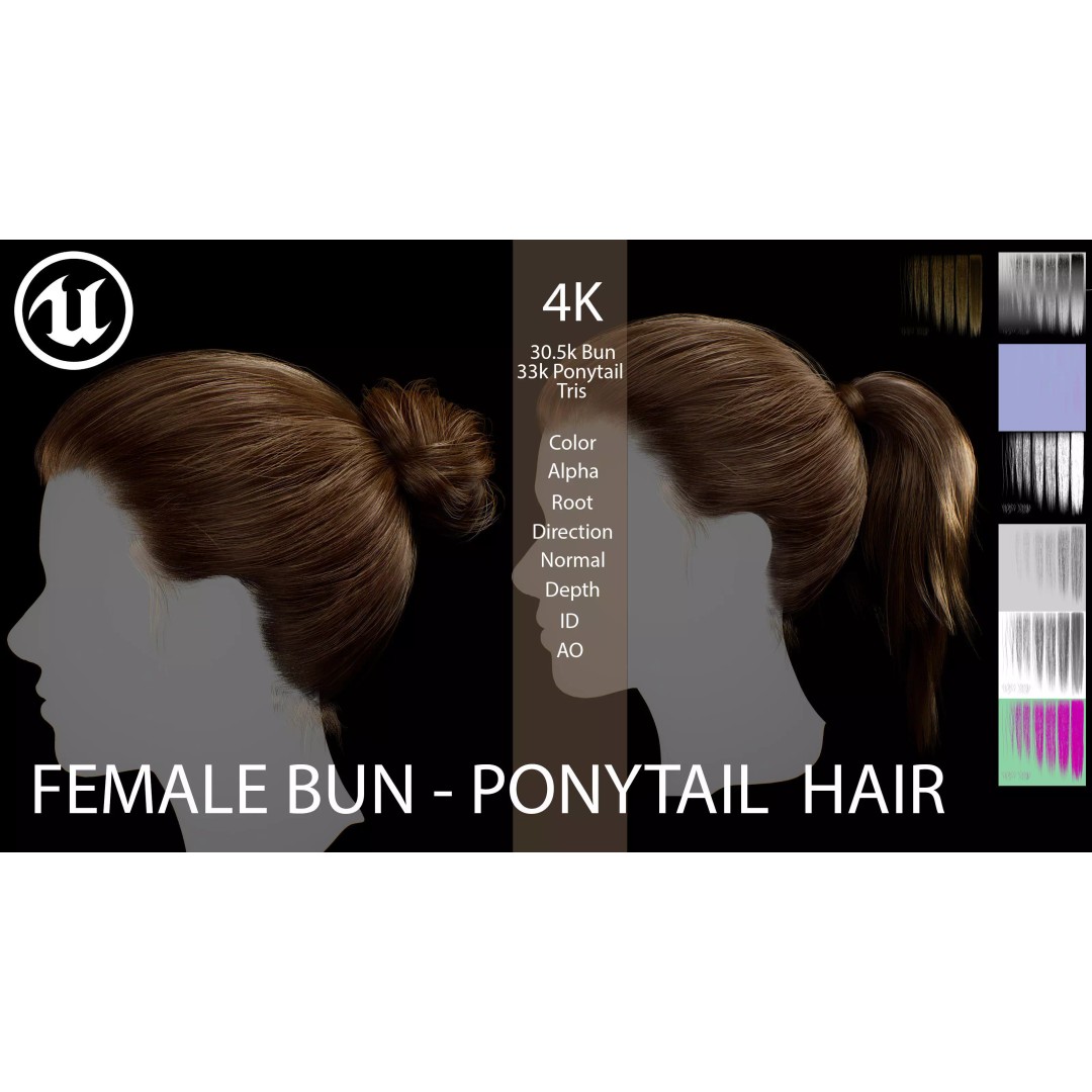Female Bun-Ponytail 3D Model – Low Poly Real-Time Hair, FBX & OBJ - View 2