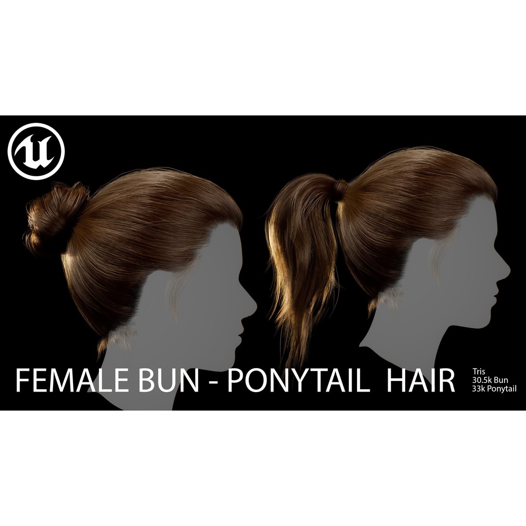 Female Bun-Ponytail 3D Model – Low Poly Real-Time Hair, FBX & OBJ - View 3