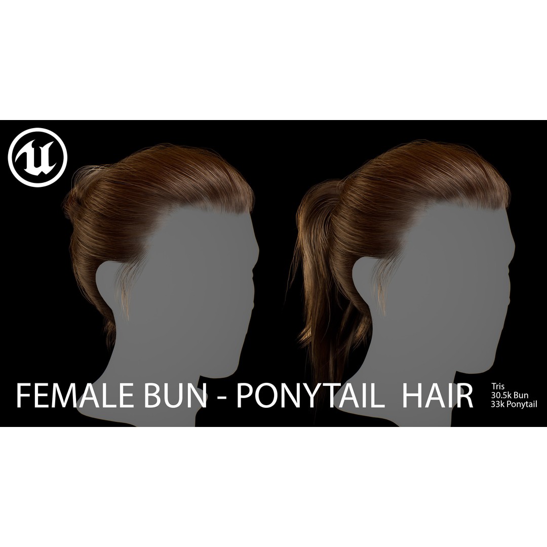 Female Bun-Ponytail 3D Model – Low Poly Real-Time Hair, FBX & OBJ - View 4