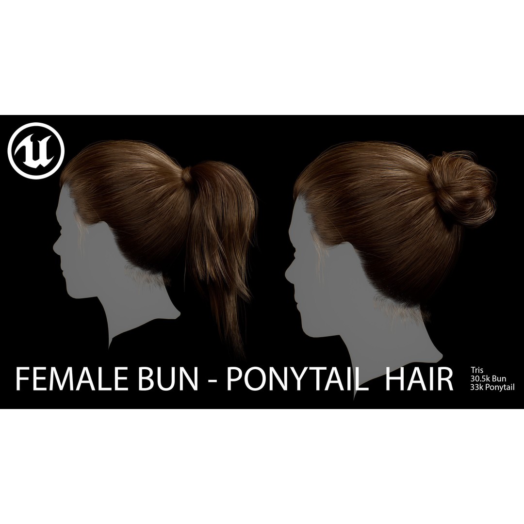 Female Bun-Ponytail 3D Model – Low Poly Real-Time Hair, FBX & OBJ - View 5