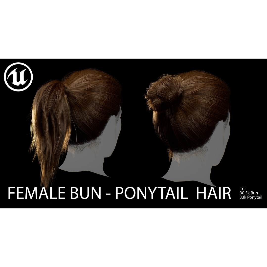 Female Bun-Ponytail 3D Model – Low Poly Real-Time Hair, FBX & OBJ - View 6