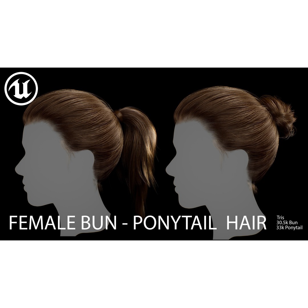 Female Bun-Ponytail 3D Model – Low Poly Real-Time Hair, FBX & OBJ - View 7
