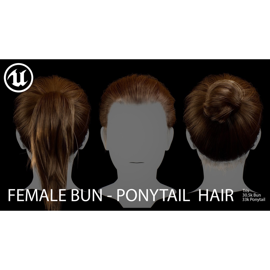 Female Bun-Ponytail 3D Model – Low Poly Real-Time Hair, FBX & OBJ - View 8