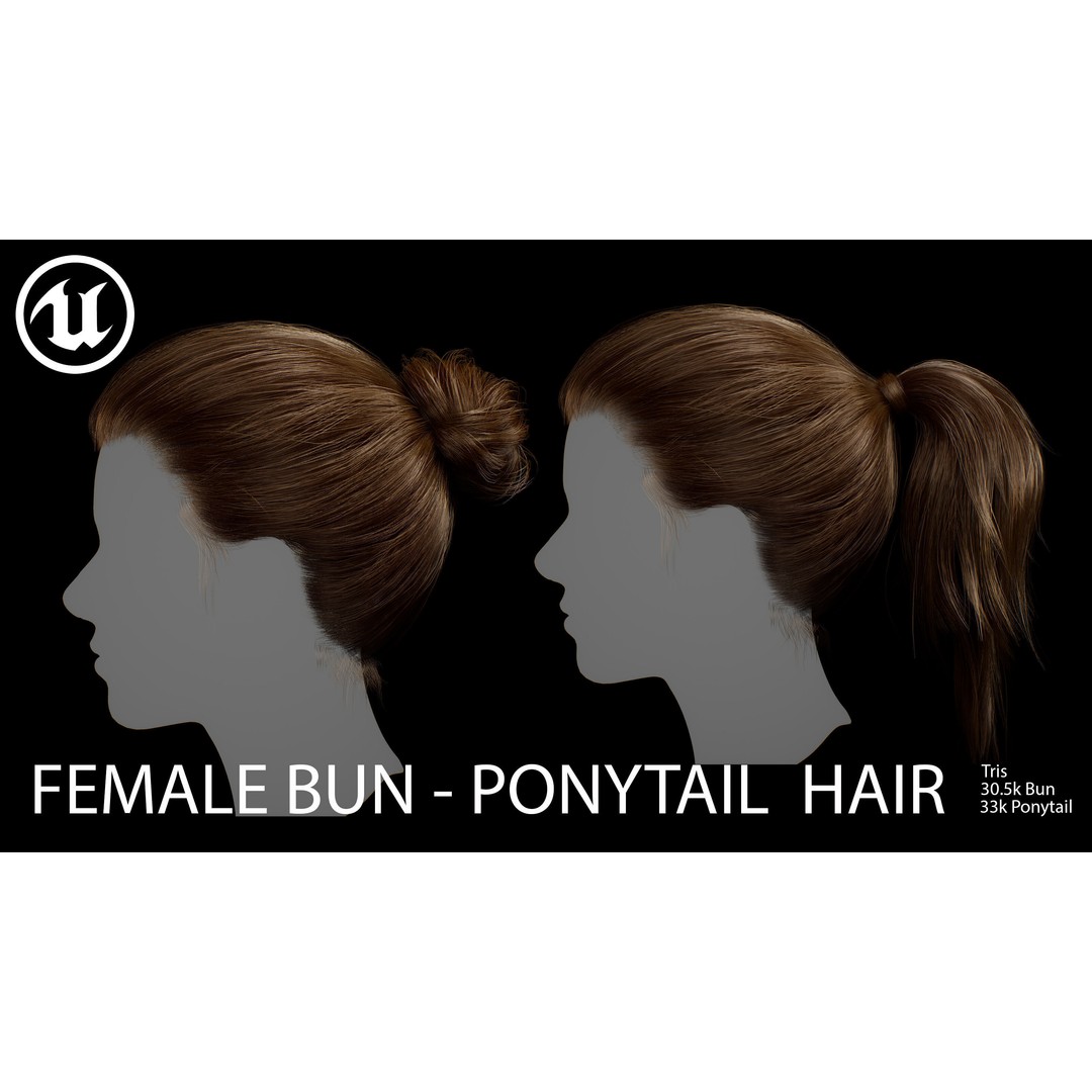 Female Bun-Ponytail 3D Model – Low Poly Real-Time Hair, FBX & OBJ - View 9