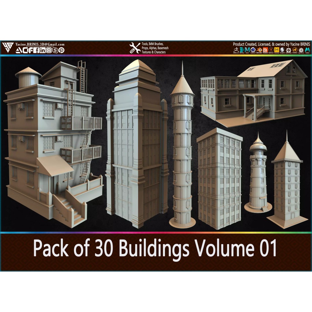 Pack of 30 Buildings 3D Model – Low Poly Cityscape Assets, FBX, OBJ, STL - View 2