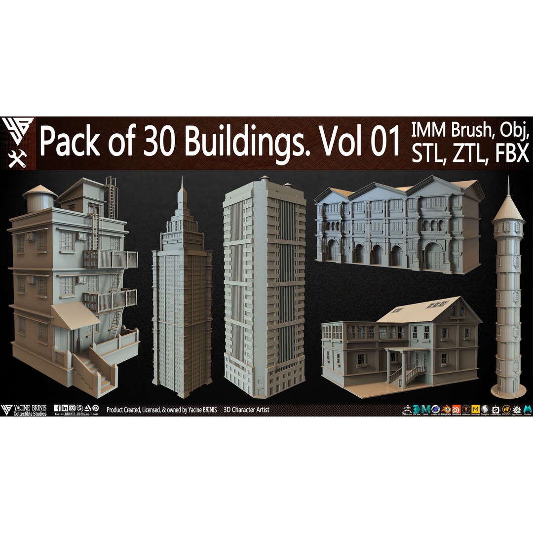 Pack of 30 Buildings 3D Model – Low Poly Cityscape Assets, FBX, OBJ, STL - View 3