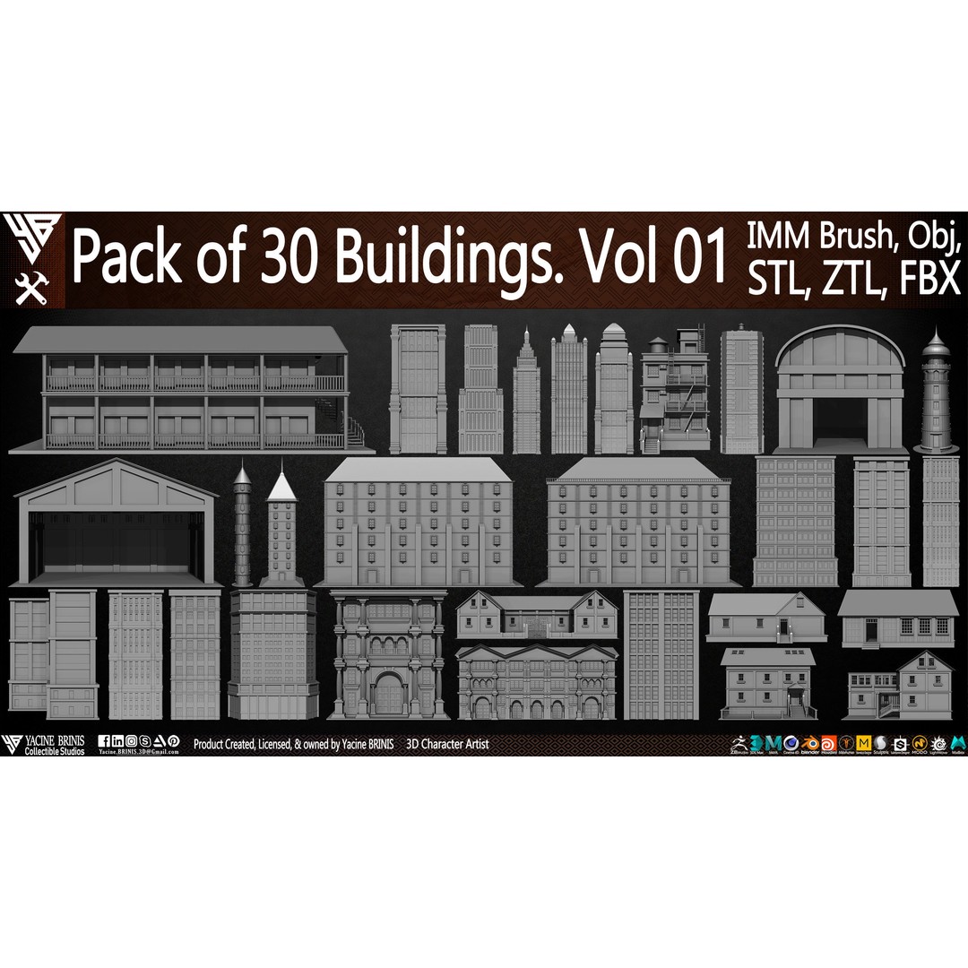 Pack of 30 Buildings 3D Model – Low Poly Cityscape Assets, FBX, OBJ, STL - View 4