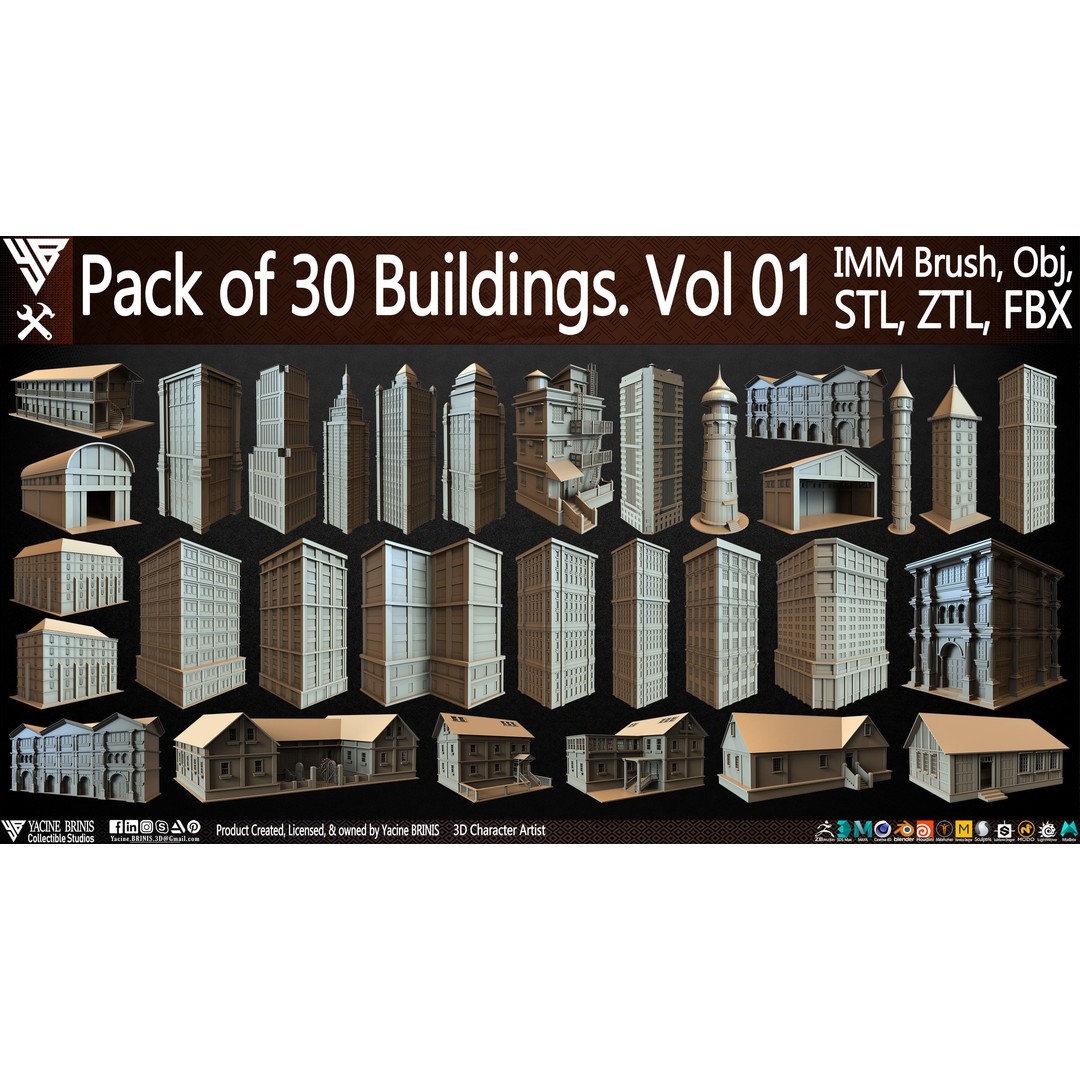 Pack of 30 Buildings 3D Model – Low Poly Cityscape Assets, FBX, OBJ, STL - View 5