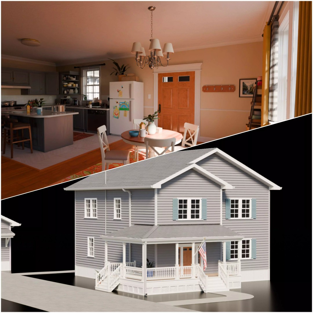 American House 3D Model – Low Poly Full Interior, PBR Textures - View 2