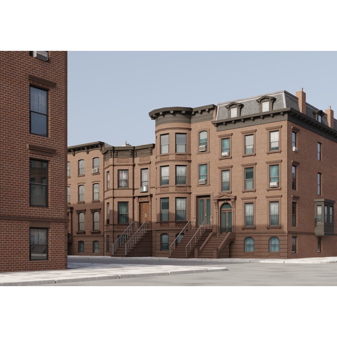 New York Brownstones 3D Model – Low Poly Architectural Pack, FBX - View 3