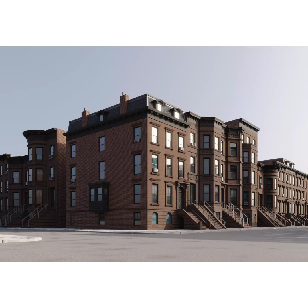 New York Brownstones 3D Model – Low Poly Architectural Pack, FBX - View 4