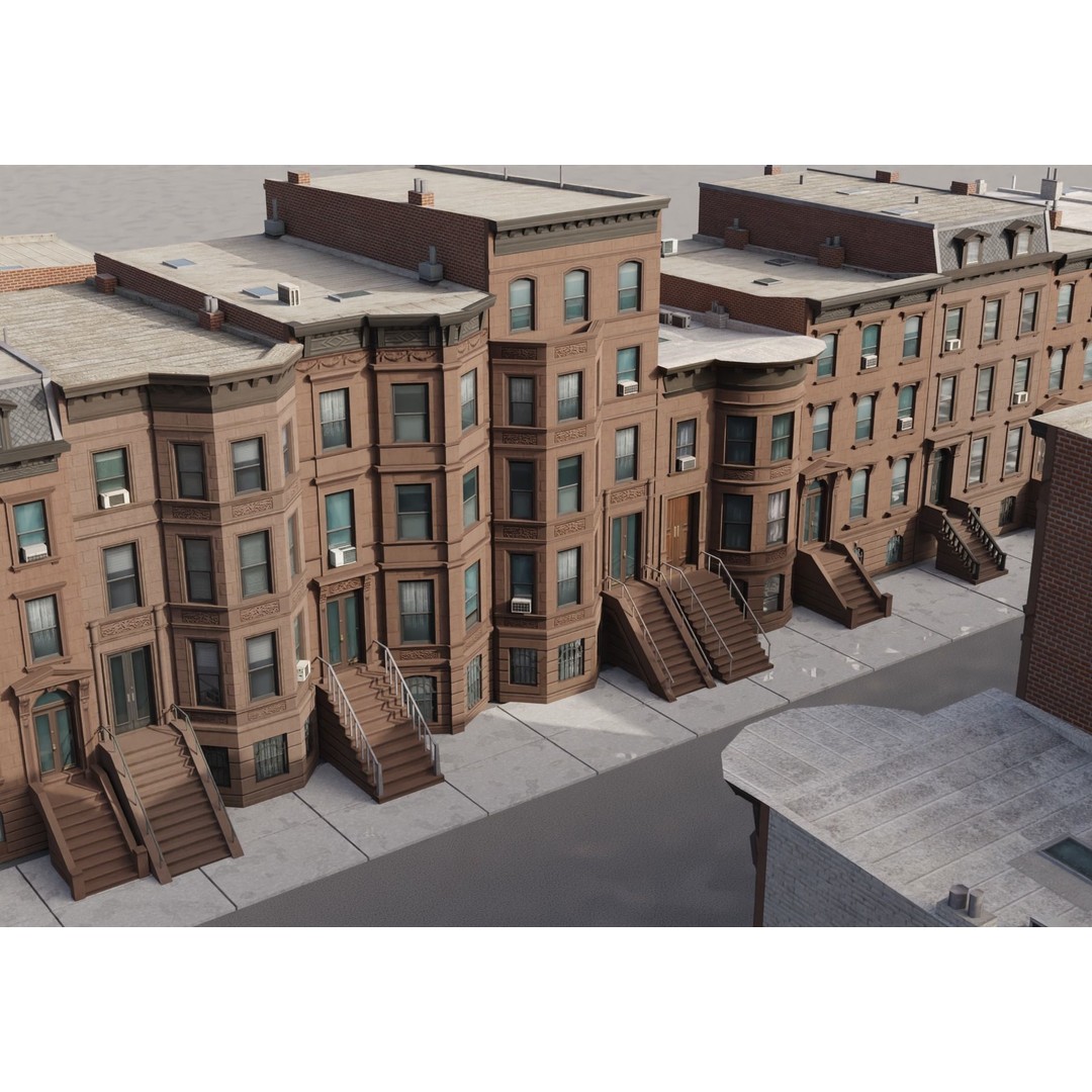 New York Brownstones 3D Model – Low Poly Architectural Pack, FBX - View 6