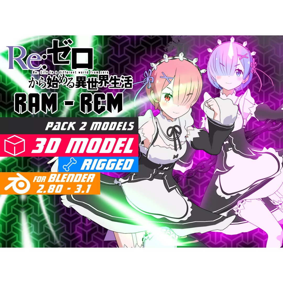 Ram & Rem 3D Model – Low Poly Anime Characters for Blender - View 2