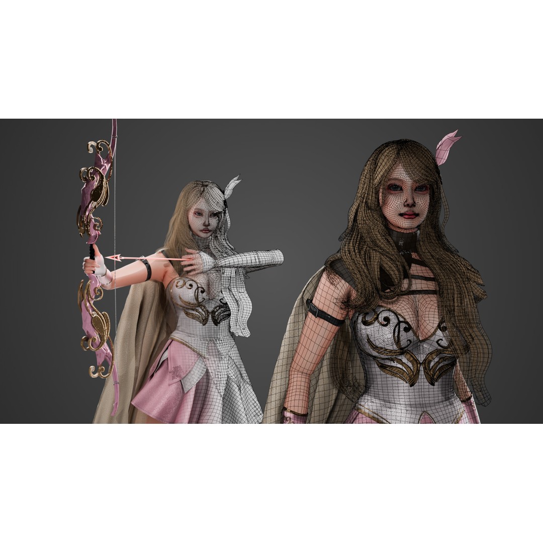 Pink Archer Girl 3D Model – Low-Poly Game Ready Character, FBX - View 7