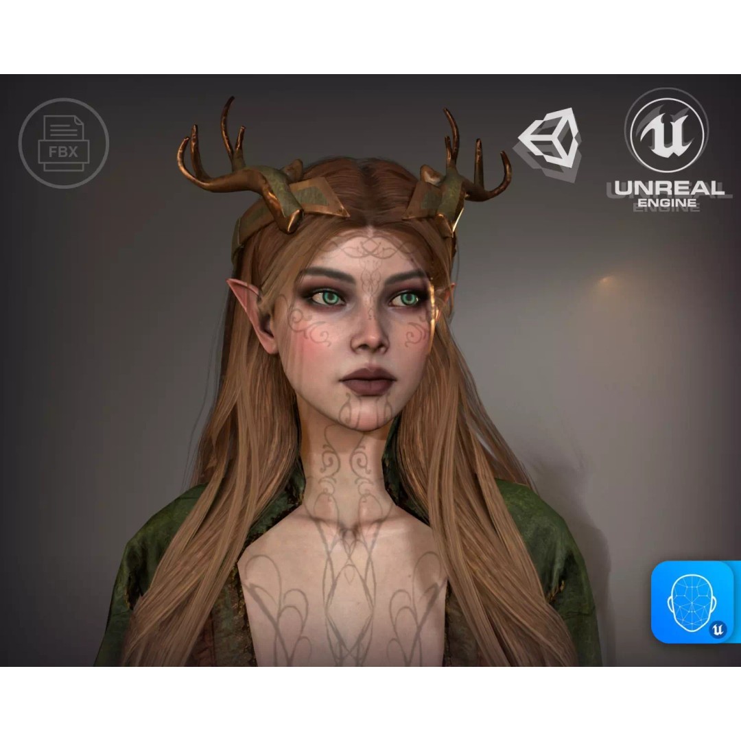 Forest Elf Druid Lady 3D Model – Low Poly Rigged Character for Unity & UE5 - View 2