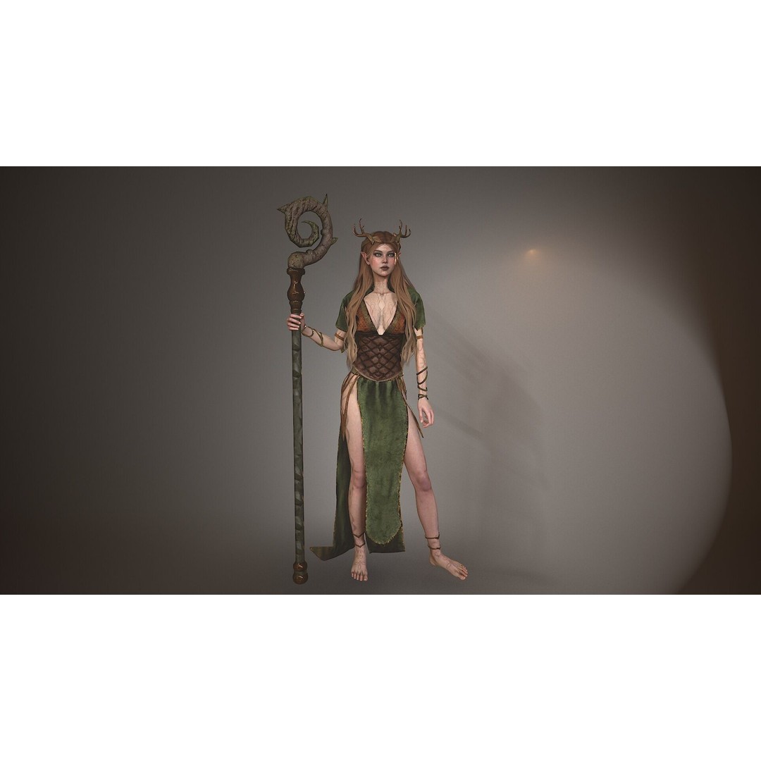 Forest Elf Druid Lady 3D Model – Low Poly Rigged Character for Unity & UE5 - View 4
