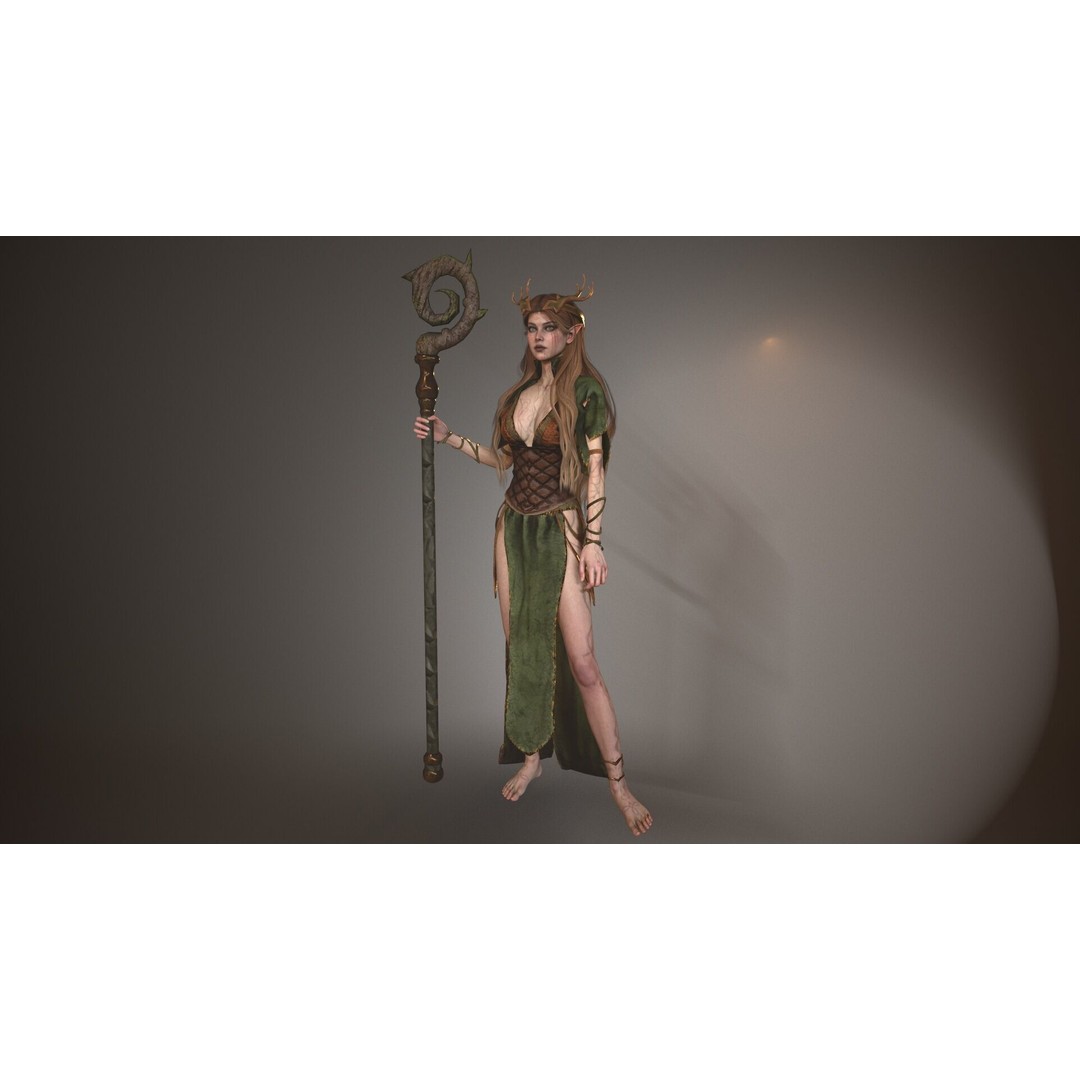 Forest Elf Druid Lady 3D Model – Low Poly Rigged Character for Unity & UE5 - View 6