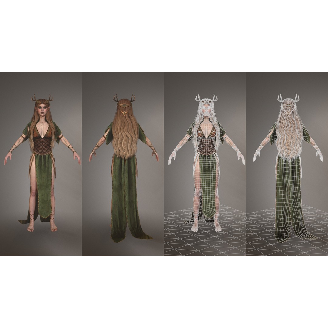 Forest Elf Druid Lady 3D Model – Low Poly Rigged Character for Unity & UE5 - View 7