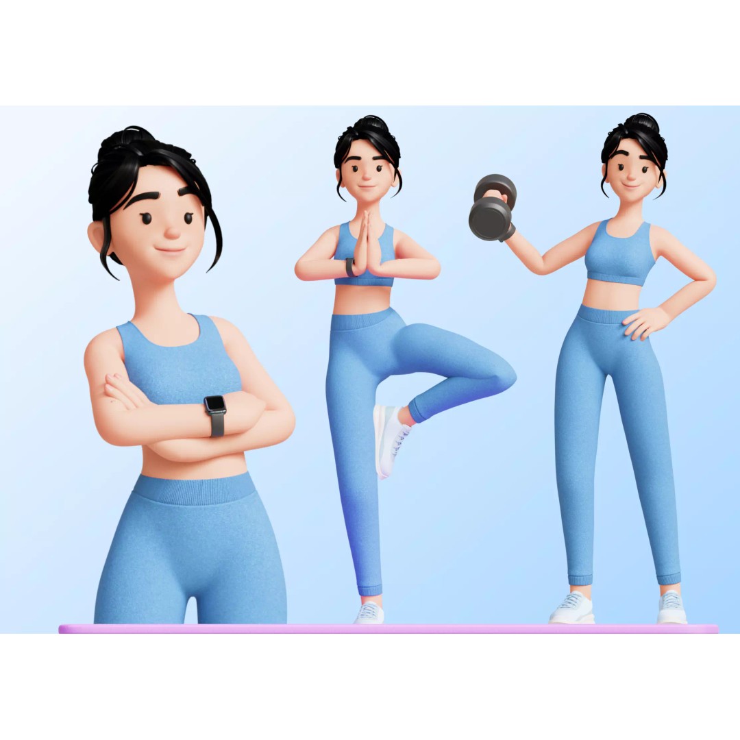 Cartoon Fitness Girl 3D Model – Low Poly Rigged Character, FBX & GLB - View 2