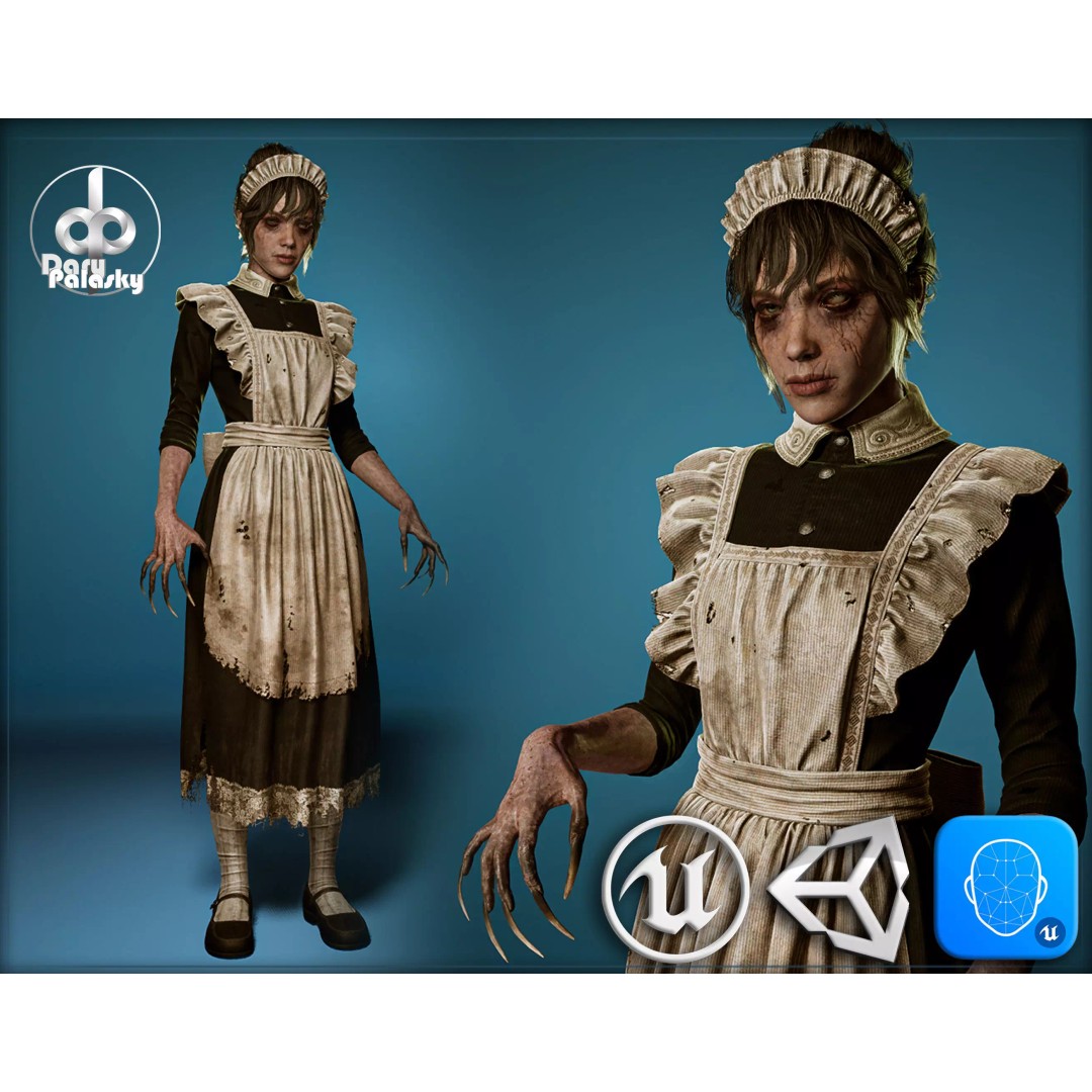Cursed Maid 3D Model – Low Poly Game Asset, Rigged, FBX, PBR - View 2