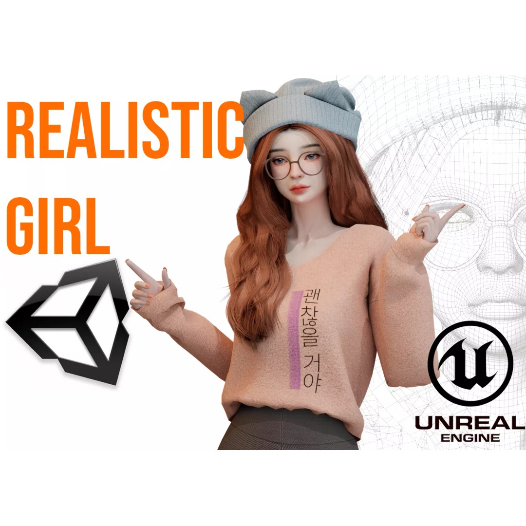 Realistic Girl 3D Model – Low Poly Game Ready Character, FBX - View 2