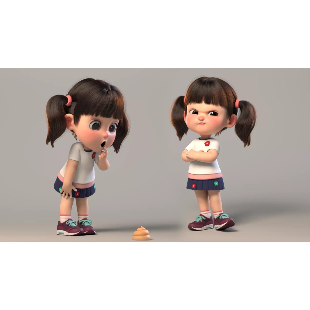 Cute Cartoon Girl Sister 3D Model – Rigged Character with PBR Textures - View 2