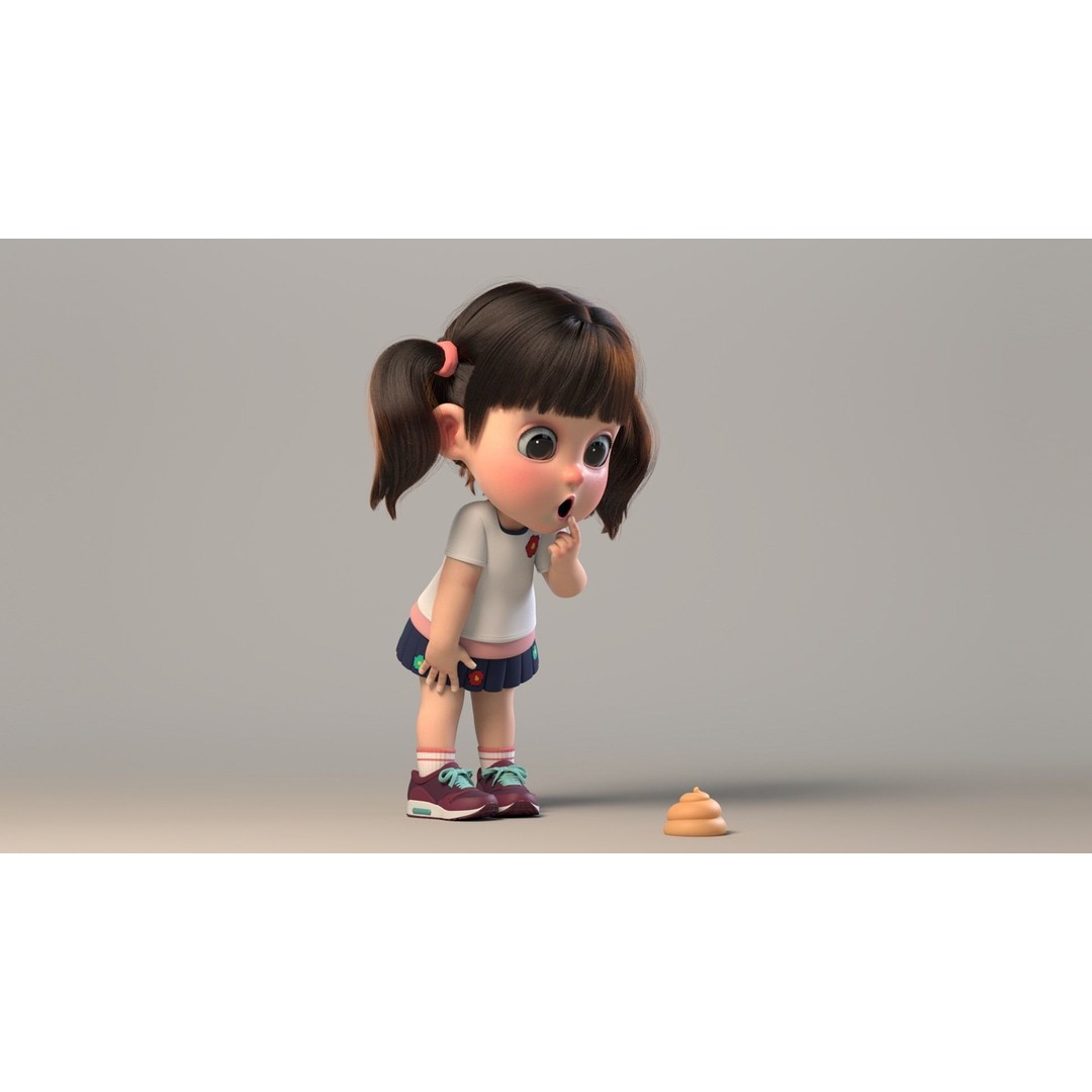 Cute Cartoon Girl Sister 3D Model – Rigged Character with PBR Textures - View 3