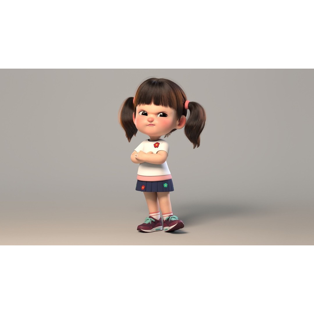 Cute Cartoon Girl Sister 3D Model – Rigged Character with PBR Textures - View 4